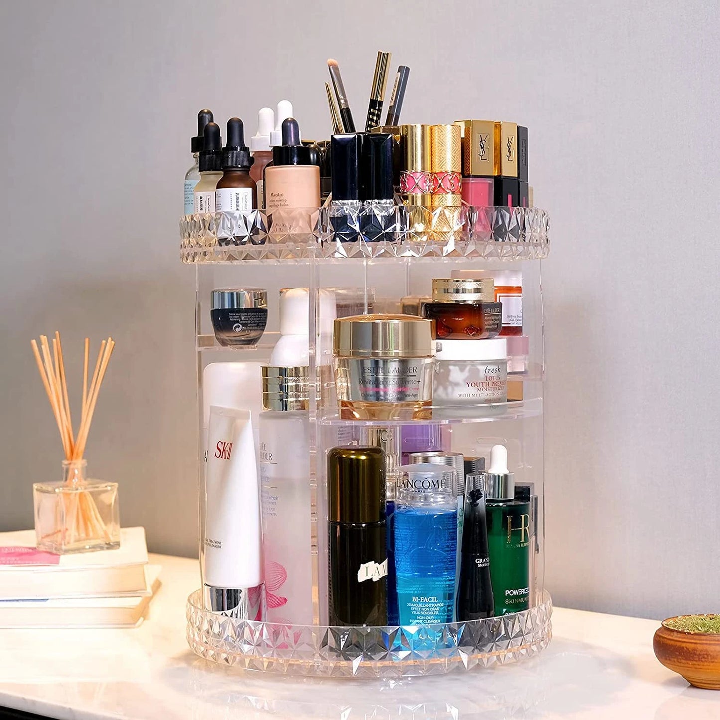 360 Rotation Diamond Pattern Acrylic Cosmetics Storage Box